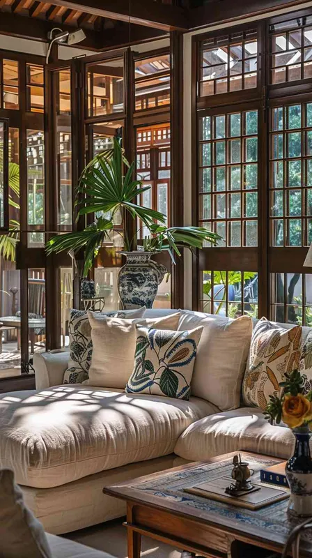 In an expansive, sunlit American-style living room enhanced by both side and frontal lighting, a spacious setting is captured to emphasize the open and airy atmosphere. A large cotton-linen fabric sofa is at the heart of the room, elegantly arranged with eight diverse throw pillows. The selection includes two with intricately designed tiger heads and others with abstract tiger motifs, complemented by geometric and botanical patterned pillows in a cool color palette that blends seamlessly with the tiger elements. The room's corners reveal carefully chosen decorations like a Chinese blue and white porcelain vase, amidst a variety of potted plants that add life and color. The use of HDR and shallow depth of field photography highlights the textures and details of the pillows against the wide and inviting backdrop of the living space, adhering to a rule of thirds composition to showcase the modern, yet cozy and slightly rustic charm of the home. --v 6.0 --ar 21:9 --style raw - style4部分
