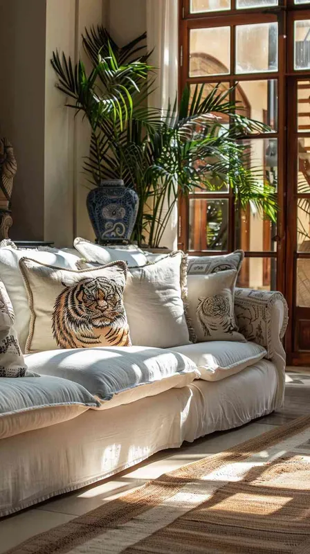 In an expansive, sunlit American-style living room enhanced by both side and frontal lighting, a spacious setting is captured to emphasize the open and airy atmosphere. A large cotton-linen fabric sofa is at the heart of the room, elegantly arranged with eight diverse throw pillows. The selection includes two with intricately designed tiger heads and others with abstract tiger motifs, complemented by geometric and botanical patterned pillows in a cool color palette that blends seamlessly with the tiger elements. The room's corners reveal carefully chosen decorations like a Chinese blue and white porcelain vase, amidst a variety of potted plants that add life and color. The use of HDR and shallow depth of field photography highlights the textures and details of the pillows against the wide and inviting backdrop of the living space, adhering to a rule of thirds composition to showcase the modern, yet cozy and slightly rustic charm of the home. --v 6.0 --ar 21:9 --style raw - style1部分