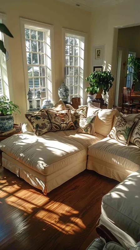 In an expansive, sunlit American-style living room enhanced by both side and frontal lighting, a spacious setting is captured to emphasize the open and airy atmosphere. A large cotton-linen fabric sofa is at the heart of the room, elegantly arranged with eight diverse throw pillows. The selection includes two with intricately designed tiger heads and others with abstract tiger motifs, complemented by geometric and botanical patterned pillows in a cool color palette that blends seamlessly with the tiger elements. The room's corners reveal carefully chosen decorations like a Chinese blue and white porcelain vase, amidst a variety of potted plants that add life and color. The use of HDR and shallow depth of field photography highlights the textures and details of the pillows against the wide and inviting backdrop of the living space, adhering to a rule of thirds composition to showcase the modern, yet cozy and slightly rustic charm of the home. --v 6.0 --ar 21:9 --style raw - style2部分