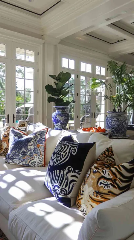 In an expansive, sunlit American-style living room enhanced by both side and frontal lighting, a spacious setting is captured to emphasize the open and airy atmosphere. A large cotton-linen fabric sofa is at the heart of the room, elegantly arranged with eight diverse throw pillows. The selection includes two with intricately designed tiger heads and others with abstract tiger motifs, complemented by geometric and botanical patterned pillows in a cool color palette that blends seamlessly with the tiger elements. The room's corners reveal carefully chosen decorations like a Chinese blue and white porcelain vase, amidst a variety of potted plants that add life and color. The use of HDR and shallow depth of field photography highlights the textures and details of the pillows against the wide and inviting backdrop of the living space, adhering to a rule of thirds composition to showcase the modern, yet cozy and slightly rustic charm of the home. --v 6.0 --ar 21:9 --style raw - style3部分