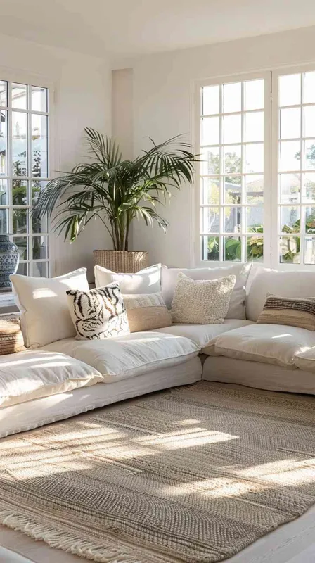 In an expansive, sunlit American-style living room enhanced by both side and frontal lighting, a spacious setting is captured to emphasize the open and airy atmosphere. A large cotton-linen fabric sofa is at the heart of the room, elegantly arranged with eight diverse throw pillows. The selection includes two with intricately designed tiger heads and others with abstract tiger motifs, complemented by geometric and botanical patterned pillows in a cool color palette that blends seamlessly with the tiger elements. The room's corners reveal carefully chosen decorations like a Chinese blue and white porcelain vase, amidst a variety of potted plants that add life and color. The use of HDR and shallow depth of field photography highlights the textures and details of the pillows against the wide and inviting backdrop of the living space, adhering to a rule of thirds composition to showcase the modern, yet cozy and slightly rustic charm of the home. --v 6.0 --ar 21:9 --style raw - style4部分