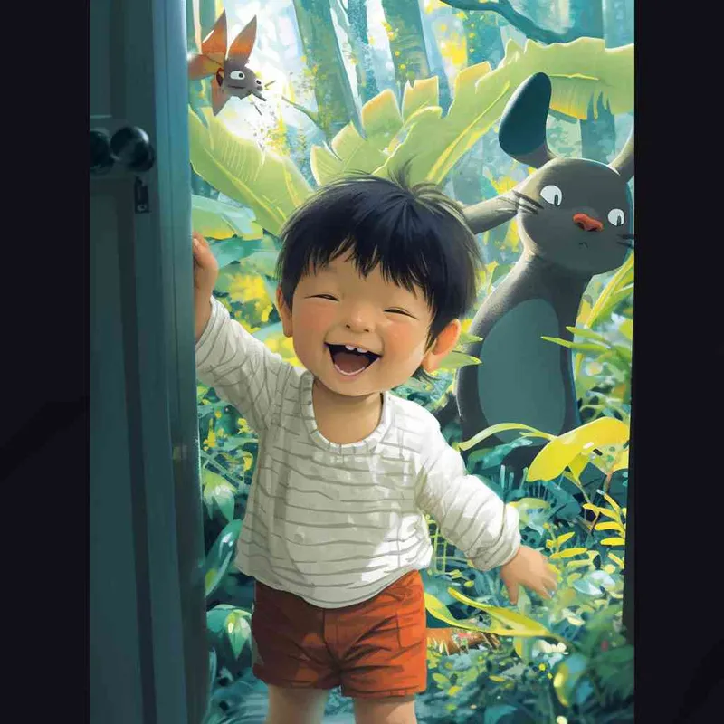 A one-and-a-half-year-old boy adventuring through a lush jungle, eyes wide with wonder and joy as he discovers something magical, excitedly calling over his friends to observe. The scene is filled with a happy, dreamy, adventurous atmosphere, rendered in the style and color scheme of Hayao Miyazaki’s manga. Vivid colors and imaginative jungle details are emphasized. --aspect 1:1 --style raw --v 6.0 --ar 1:1 --niji - style1部分