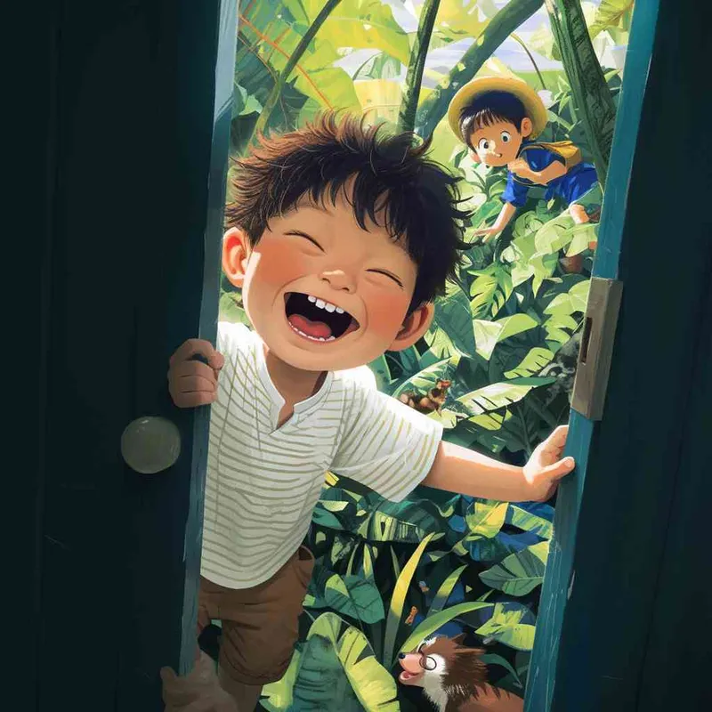 A one-and-a-half-year-old boy adventuring through a lush jungle, eyes wide with wonder and joy as he discovers something magical, excitedly calling over his friends to observe. The scene is filled with a happy, dreamy, adventurous atmosphere, rendered in the style and color scheme of Hayao Miyazaki’s manga. Vivid colors and imaginative jungle details are emphasized. --aspect 1:1 --style raw --v 6.0 --ar 1:1 --niji - style2部分