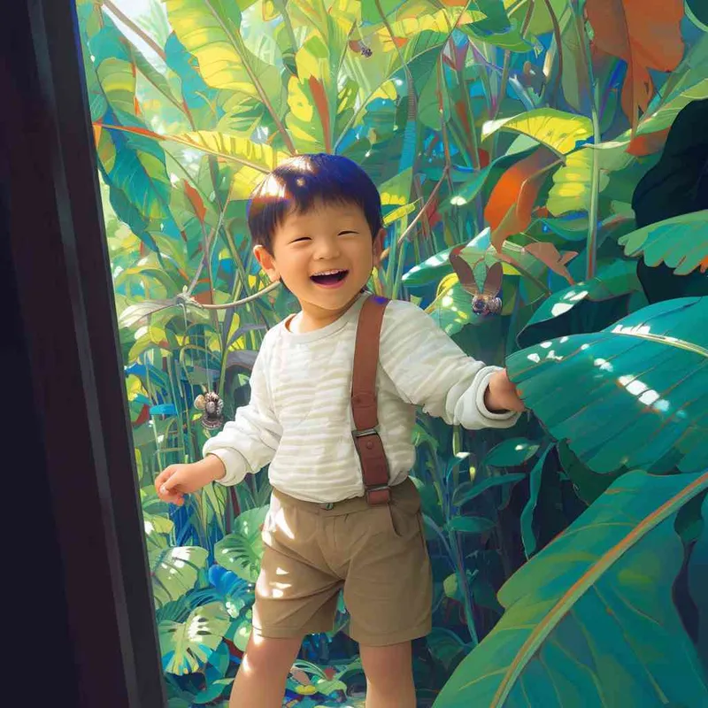 A one-and-a-half-year-old boy adventuring through a lush jungle, eyes wide with wonder and joy as he discovers something magical, excitedly calling over his friends to observe. The scene is filled with a happy, dreamy, adventurous atmosphere, rendered in the style and color scheme of Hayao Miyazaki’s manga. Vivid colors and imaginative jungle details are emphasized. --aspect 1:1 --style raw --v 6.0 --ar 1:1 --niji - style4部分