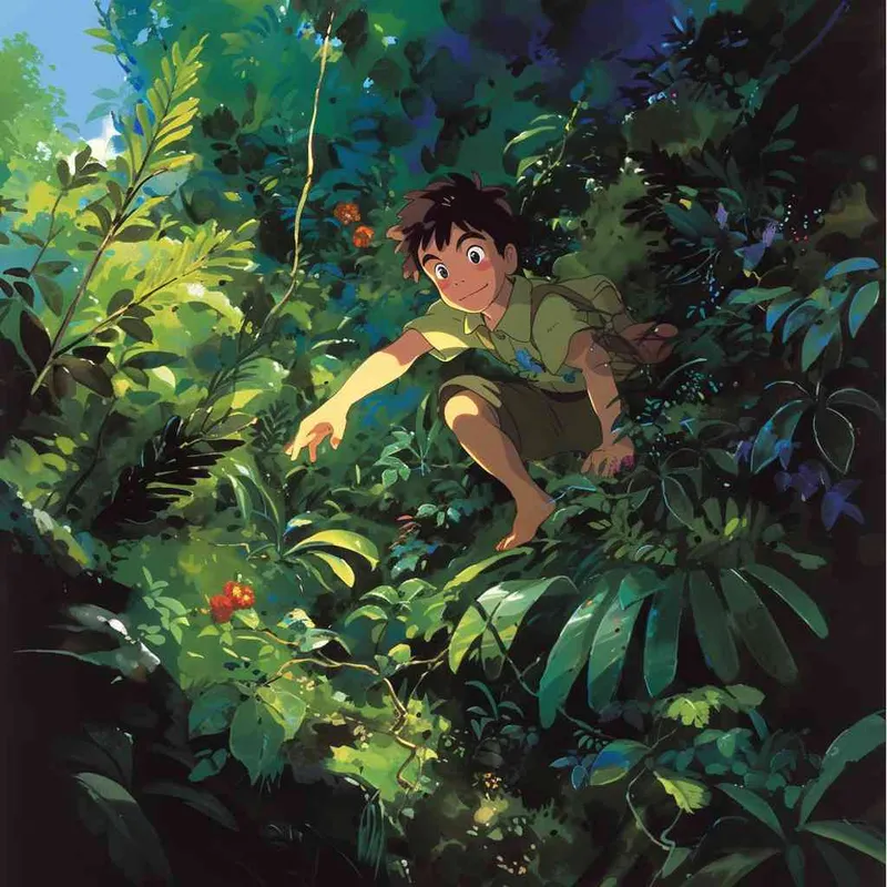 Within a dreamy jungle illustrated in Hayao Miyazaki’s manga style, a little boy with an expression of surprise and happiness discovers the secrets deep within the forest. He is excitedly calling to his companions to explore this new and magical world together. The canvas is filled with bright colors and imaginative plants, creating an ambiance of joy and adventure. --aspect 1:1 --style raw --v 6.0 --ar 1:1 --niji - style1部分