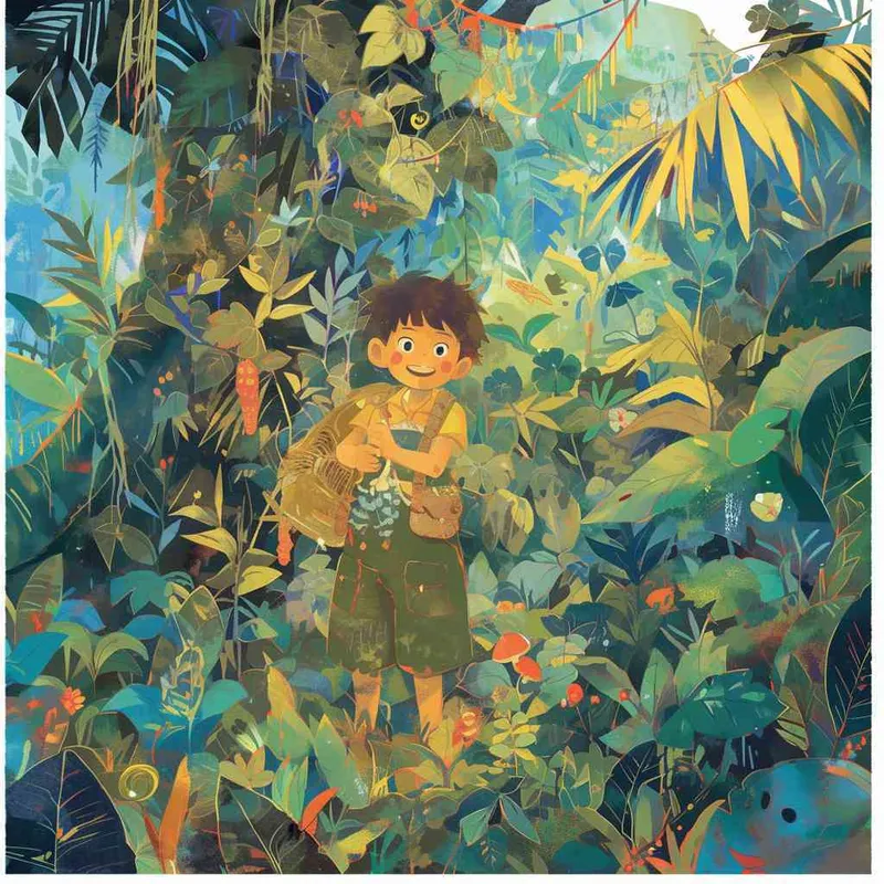 Within a dreamy jungle illustrated in Hayao Miyazaki’s manga style, a little boy with an expression of surprise and happiness discovers the secrets deep within the forest. He is excitedly calling to his companions to explore this new and magical world together. The canvas is filled with bright colors and imaginative plants, creating an ambiance of joy and adventure. --aspect 1:1 --style raw --v 6.0 --ar 1:1 --niji - style4部分