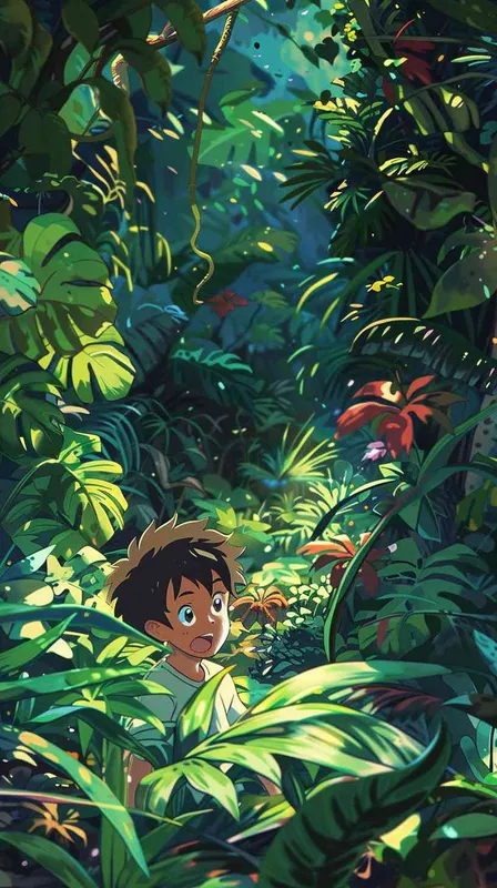 A one-and-a-half-year-old boy adventuring through a lush jungle, eyes wide with wonder and joy as he discovers something magical, excitedly calling over his friends to observe. The scene is filled with a happy, dreamy, adventurous atmosphere, rendered in the style and color scheme of Hayao Miyazaki’s manga. Vivid colors and imaginative jungle details are emphasized. --aspect 1:1 --style raw --v 6.0 --ar 1:1 - style2部分