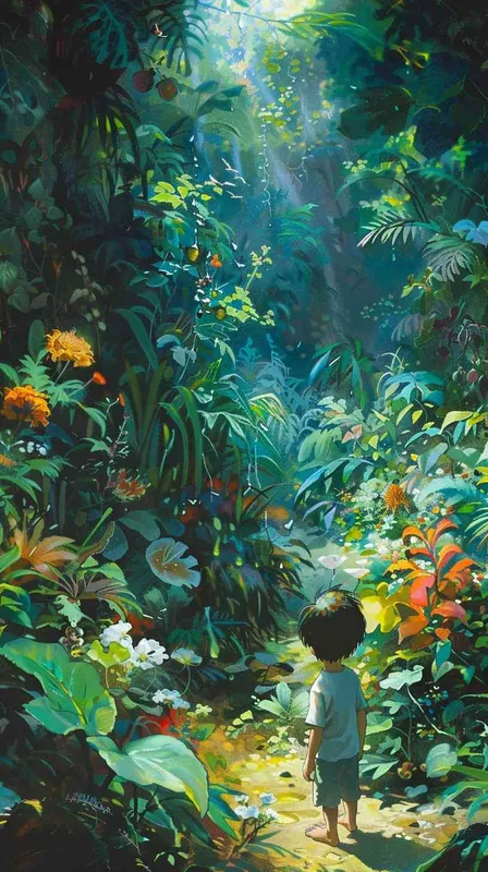 A one-and-a-half-year-old boy adventuring through a lush jungle, eyes wide with wonder and joy as he discovers something magical, excitedly calling over his friends to observe. The scene is filled with a happy, dreamy, adventurous atmosphere, rendered in the style and color scheme of Hayao Miyazaki’s manga. Vivid colors and imaginative jungle details are emphasized. --aspect 1:1 --style raw --v 6.0 --ar 1:1 - style4部分