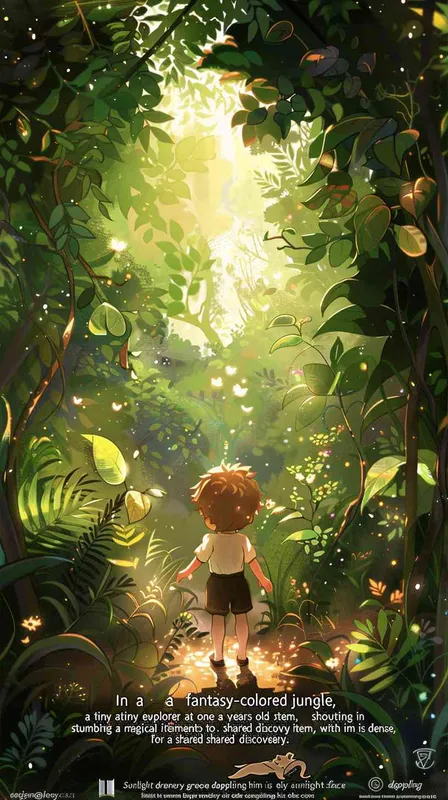 In a fantasy-colored jungle, a tiny explorer at one and a half years old stumbles upon a magical item, shouting in excitement to invite his friends for a shared discovery. Surrounding him is dense, lively greenery with sunlight dappling his face through the treetops. This image is drawn in the artistic style of Hayao Miyazaki, portraying a joyful, dream-like adventure journey. --aspect 1:1 --style raw --v 6.0 --ar 1:1  - style1部分