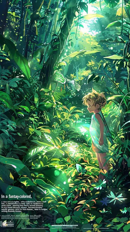 In a fantasy-colored jungle, a tiny explorer at one and a half years old stumbles upon a magical item, shouting in excitement to invite his friends for a shared discovery. Surrounding him is dense, lively greenery with sunlight dappling his face through the treetops. This image is drawn in the artistic style of Hayao Miyazaki, portraying a joyful, dream-like adventure journey. --aspect 1:1 --style raw --v 6.0 --ar 1:1  - style2部分