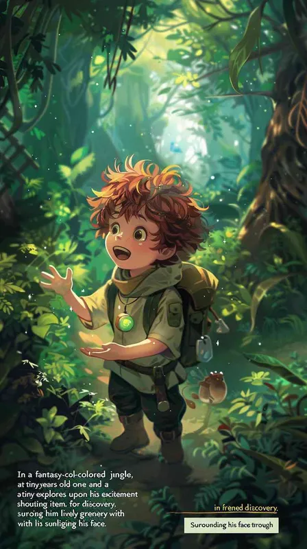 In a fantasy-colored jungle, a tiny explorer at one and a half years old stumbles upon a magical item, shouting in excitement to invite his friends for a shared discovery. Surrounding him is dense, lively greenery with sunlight dappling his face through the treetops. This image is drawn in the artistic style of Hayao Miyazaki, portraying a joyful, dream-like adventure journey. --aspect 1:1 --style raw --v 6.0 --ar 1:1  - style4部分