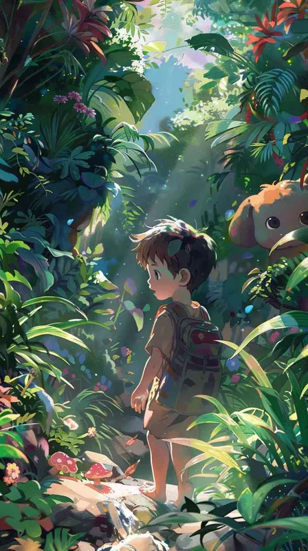 A one-and-a-half-year-old boy adventuring through a lush jungle, eyes wide with wonder and joy as he discovers something magical, excitedly calling over his friends to observe. The scene is filled with a happy, dreamy, adventurous atmosphere, rendered in the style and color scheme of Hayao Miyazaki’s manga. Vivid colors and imaginative jungle details are emphasized. --aspect 1:1 --style raw --v 6.0 --ar 1:1 - style1部分