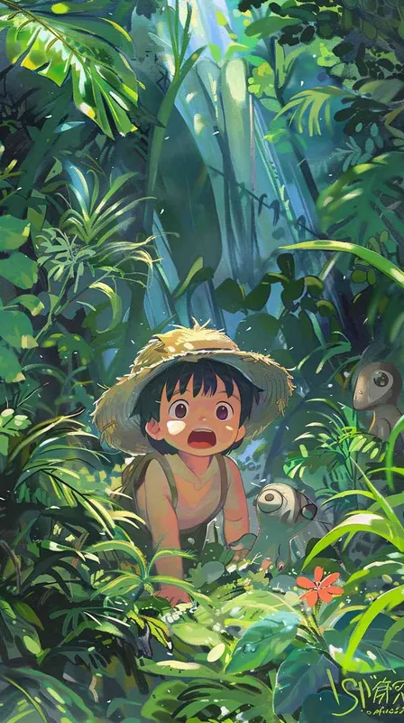 A one-and-a-half-year-old boy adventuring through a lush jungle, eyes wide with wonder and joy as he discovers something magical, excitedly calling over his friends to observe. The scene is filled with a happy, dreamy, adventurous atmosphere, rendered in the style and color scheme of Hayao Miyazaki’s manga. Vivid colors and imaginative jungle details are emphasized. --aspect 1:1 --style raw --v 6.0 --ar 1:1 - style2部分