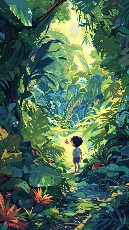 A one-and-a-half-year-old boy adventuring through a lush jungle, eyes wide with wonder and joy as he discovers something magical, excitedly calling over his friends to observe. The scene is filled with a happy, dreamy, adventurous atmosphere, rendered in the style and color scheme of Hayao Miyazaki’s manga. Vivid colors and imaginative jungle details are emphasized. --aspect 1:1 --style raw --v 6.0 --ar 1:1 - style3部分