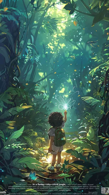 In a fantasy-colored jungle, a tiny explorer at one and a half years old stumbles upon a magical item, shouting in excitement to invite his friends for a shared discovery. Surrounding him is dense, lively greenery with sunlight dappling his face through the treetops. This image is drawn in the artistic style of Hayao Miyazaki, portraying a joyful, dream-like adventure journey. –aspect 1:1 –style raw –v 6.0 –ar 1:1  – AI绘画作品展示 | Midjourney中文版生成