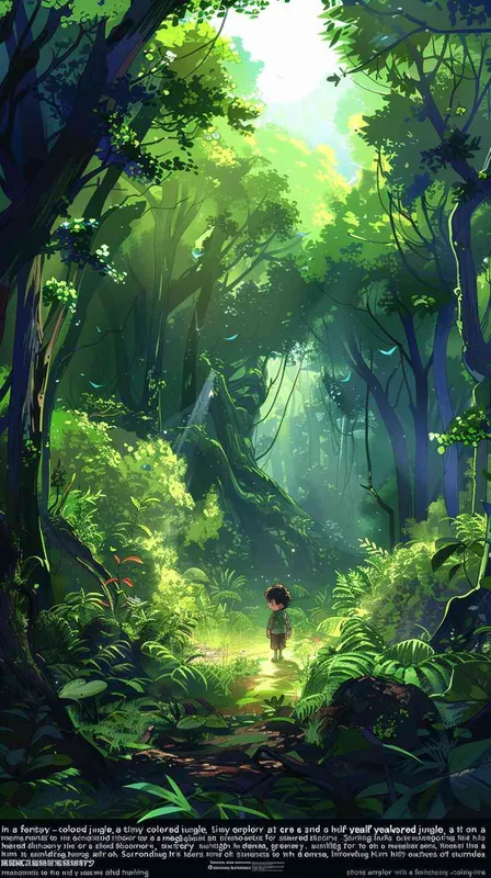 In a fantasy-colored jungle, a tiny explorer at one and a half years old stumbles upon a magical item, shouting in excitement to invite his friends for a shared discovery. Surrounding him is dense, lively greenery with sunlight dappling his face through the treetops. This image is drawn in the artistic style of Hayao Miyazaki, portraying a joyful, dream-like adventure journey. --aspect 1:1 --style raw --v 6.0 --ar 1:1  - style2部分