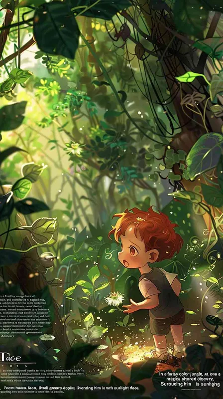 In a fantasy-colored jungle, a tiny explorer at one and a half years old stumbles upon a magical item, shouting in excitement to invite his friends for a shared discovery. Surrounding him is dense, lively greenery with sunlight dappling his face through the treetops. This image is drawn in the artistic style of Hayao Miyazaki, portraying a joyful, dream-like adventure journey. --aspect 1:1 --style raw --v 6.0 --ar 1:1  - style3部分