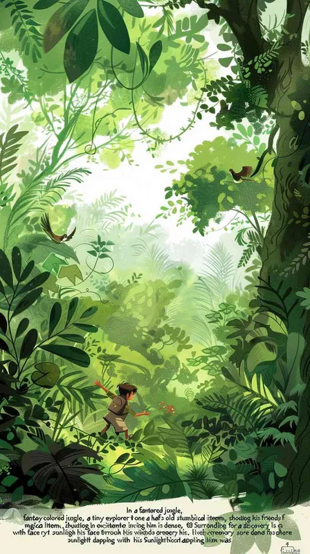 In a fantasy-colored jungle, a tiny explorer at one and a half years old stumbles upon a magical item, shouting in excitement to invite his friends for a shared discovery. Surrounding him is dense, lively greenery with sunlight dappling his face through the treetops. This image is drawn in the artistic style of Hayao Miyazaki, portraying a joyful, dream-like adventure journey. --aspect 1:1 --style raw --v 6.0 --ar 1:1  - style4部分