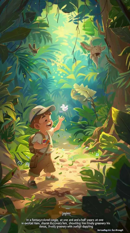 In a fantasy-colored jungle, a tiny explorer at one and a half years old stumbles upon a magical item, shouting in excitement to invite his friends for a shared discovery. Surrounding him is dense, lively greenery with sunlight dappling his face through the treetops. This image is drawn in the artistic style of Hayao Miyazaki, portraying a joyful, dream-like adventure journey. --aspect 1:1 --style raw --v 6.0 --ar 1:1  - style1部分