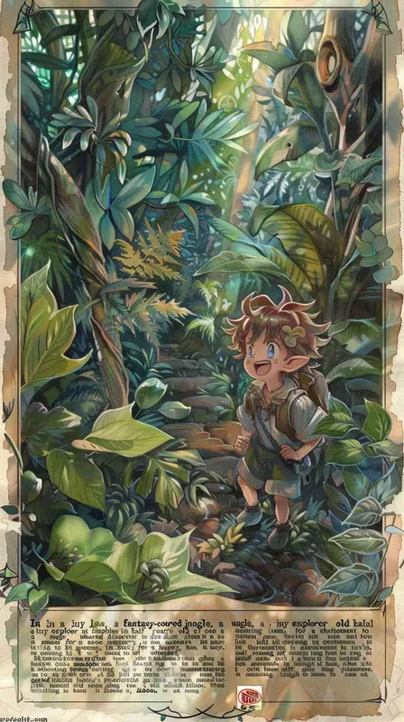 In a fantasy-colored jungle, a tiny explorer at one and a half years old stumbles upon a magical item, shouting in excitement to invite his friends for a shared discovery. Surrounding him is dense, lively greenery with sunlight dappling his face through the treetops. This image is drawn in the artistic style of Hayao Miyazaki, portraying a joyful, dream-like adventure journey. --aspect 1:1 --style raw --v 6.0 --ar 1:1  - style2部分