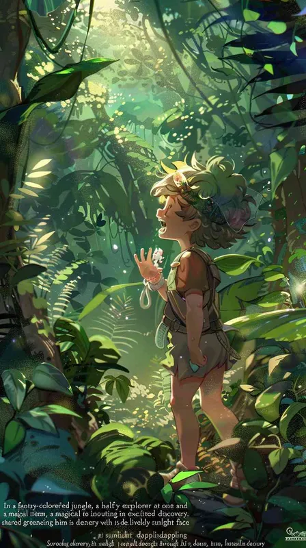 In a fantasy-colored jungle, a tiny explorer at one and a half years old stumbles upon a magical item, shouting in excitement to invite his friends for a shared discovery. Surrounding him is dense, lively greenery with sunlight dappling his face through the treetops. This image is drawn in the artistic style of Hayao Miyazaki, portraying a joyful, dream-like adventure journey. --aspect 1:1 --style raw --v 6.0 --ar 1:1  - style3部分