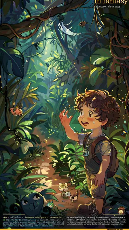 In a fantasy-colored jungle, a tiny explorer at one and a half years old stumbles upon a magical item, shouting in excitement to invite his friends for a shared discovery. Surrounding him is dense, lively greenery with sunlight dappling his face through the treetops. This image is drawn in the artistic style of Hayao Miyazaki, portraying a joyful, dream-like adventure journey. --aspect 1:1 --style raw --v 6.0 --ar 1:1  - style4部分
