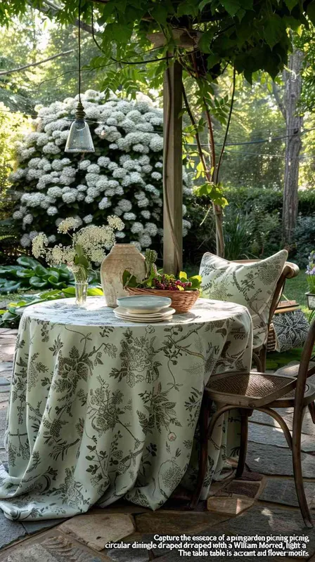 “Capture the essence of a spring garden picnic in a backyard setting, featuring a circular dining table draped with a William Morris-inspired, light green patterned tablecloth adorned with plant and flower motifs. The table is accented with a basket of fresh berries and a vase with blooming flowers, surrounded by vintage wooden dining chairs with matching floral print cushions. The backdrop of lush greenery and hydrangeas complements the scene. Soft, dreamy daylight filters through, creating a serene and romantic ambiance. This picturesque moment is encapsulated in a romantic and dreamy photographic style.” –style raw –v 6.0 – AI绘画作品展示 | Midjourney中文版生成