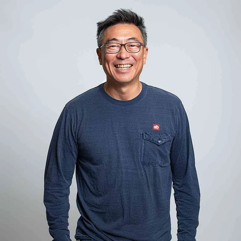 A Chinese man with black hair, wearing a blue long-sleeved shirt and red logo on the chest of Levis jeans is smiling at the camera in a front view. The background color should be white to highlight his facial features. He has short hair and wears glasses that reflect light, giving him a portrait style in the authentic style. His expression conveys confidence as he stands against a clean backdrop. High resolution, professional photograph, and detailed skin texture. Portrait photography. --ar 25:32 - style1部分
