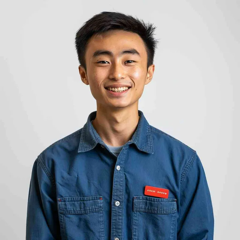 A young Chinese man with short black hair, wearing a blue long-sleeved buttoned shirt and a red name tag on his chest, smiling at the camera against a white background for a professional profile picture. The image is in the style of a typical company profile photo. --ar 25:32 - style1部分