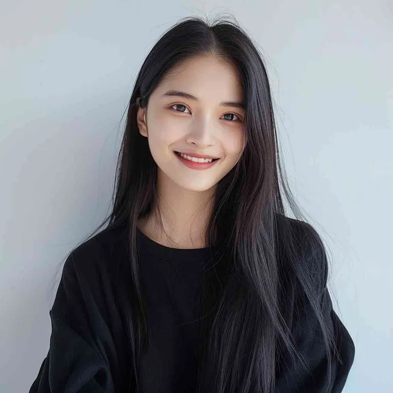A Chinese girl with long black hair and wearing a dark long-sleeved round-neck T-shirt is smiling at the camera. The background color should be white to highlight his face. She has an Asian nose shape, medium skin tone, round eyes, and thin eyebrows. Her overall appearance conveys friendliness or confidence.--ar 1:1 --q 1 --v 6.0 - style4部分