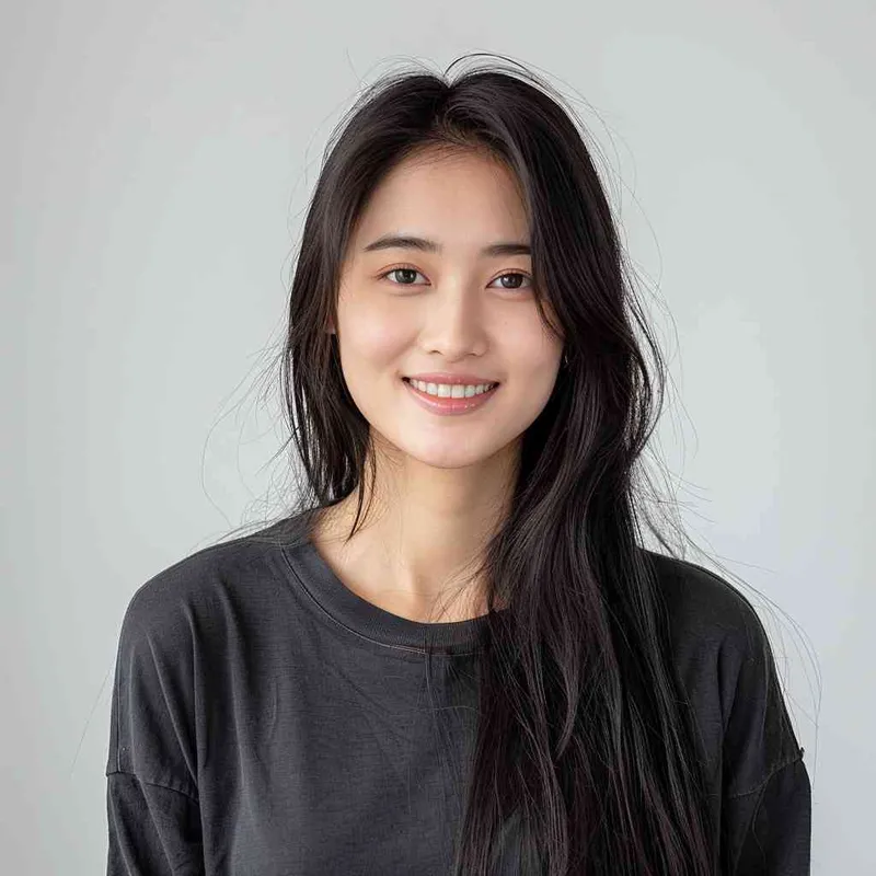 A Chinese girl with long black hair and wearing a dark long-sleeved round-neck T-shirt is smiling at the camera. The background color should be white to highlight his face. She has an Asian nose shape, medium skin tone, round eyes, and thin eyebrows. Her overall appearance conveys friendliness or confidence.--ar 1:1 --q 1 --v 6.0 - style3部分