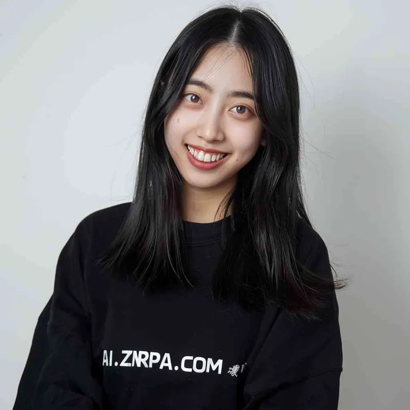 A Chinese girl with long black hair and a dark long-sleeved round-neck T-shirt with 