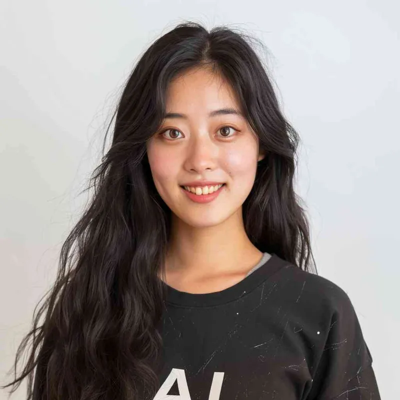 A Chinese girl with long black hair and a dark long-sleeved round-neck T-shirt with the 