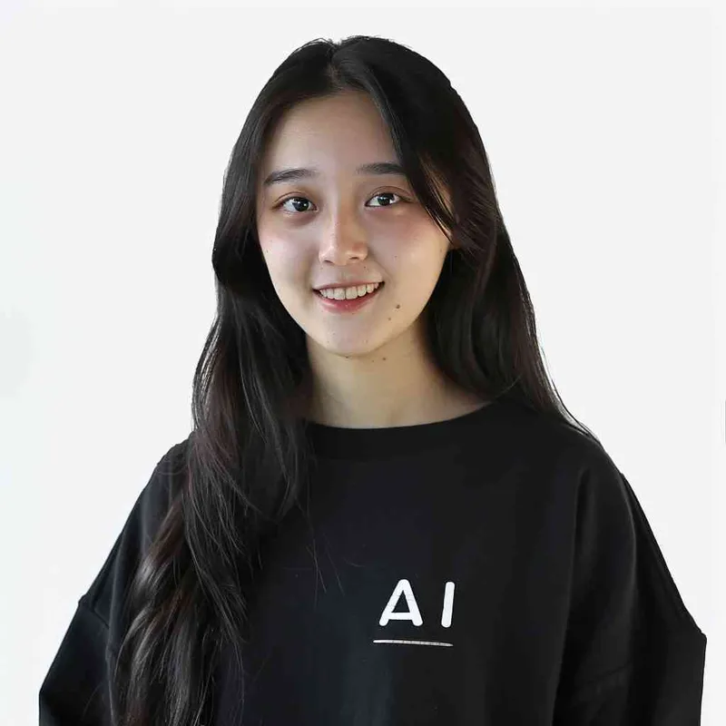 A Chinese girl with long black hair and a dark long-sleeved round-neck T-shirt with the 