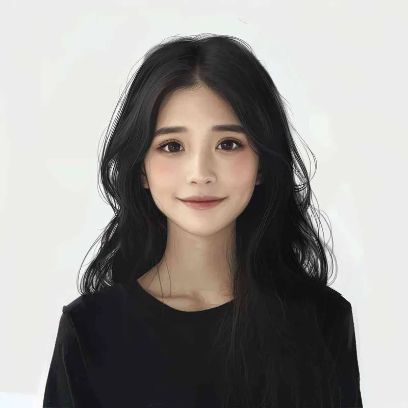 A Chinese girl with long black hair and wearing a dark long-sleeved round-neck T-shirt is smiling at the camera. The background color should be white to highlight his face. She has an Asian nose shape, medium skin tone, round eyes, and thin eyebrows. Her overall appearance conveys friendliness or confidence.--ar 1:1 --q 1 --v 6.0 - style2部分