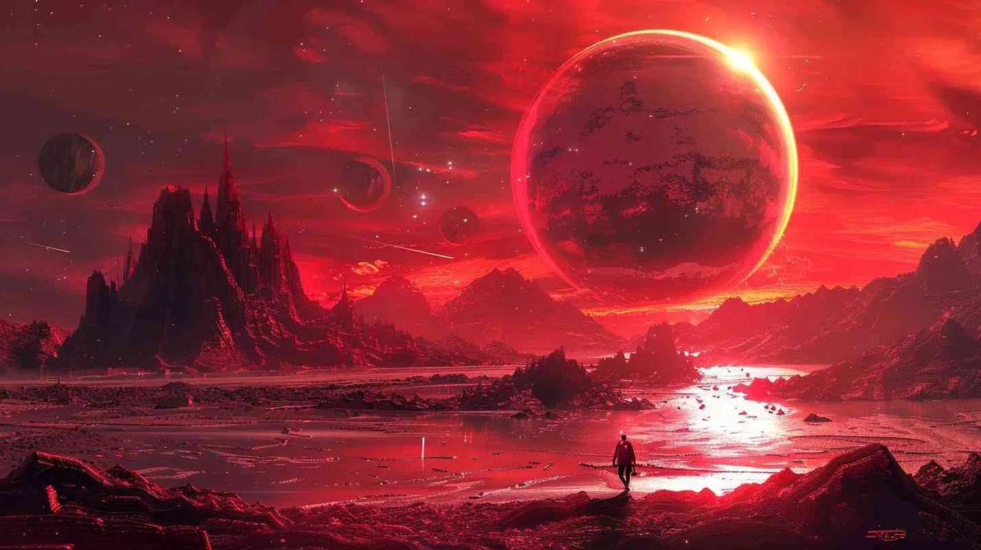 Red universe, science fiction, cyberpunk, planets, energy - AI绘画作品展示 | Midjourney中文版生成