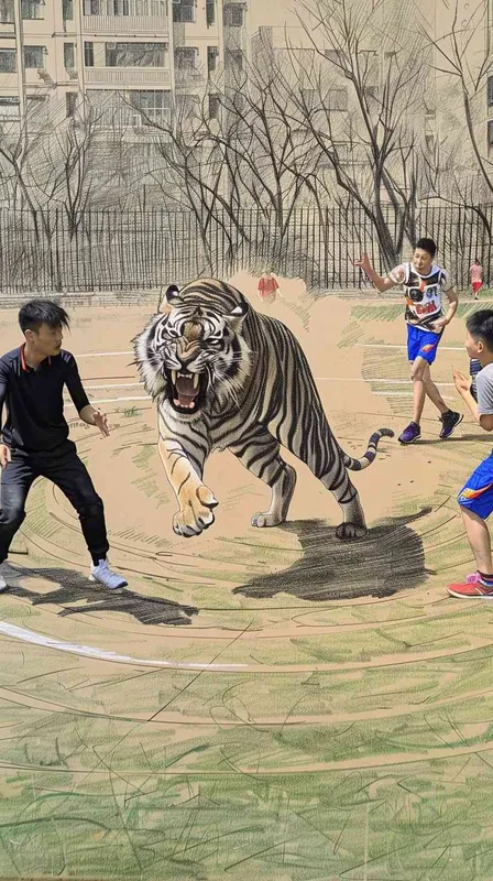 在图片左侧人物后面，画一头老虎，朝向右侧一群人怒吼 - style1部分