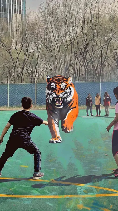 在图片左侧人物后面，画一头老虎，朝向右侧一群人怒吼 - style2部分