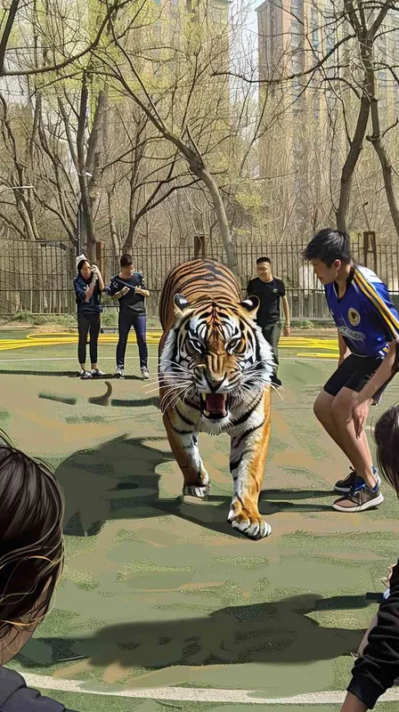 在图片左侧人物后面，画一头老虎，朝向右侧一群人怒吼 - style3部分