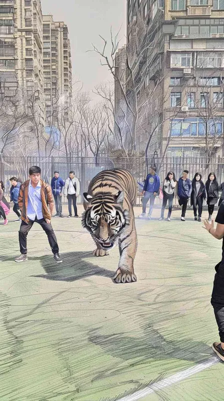 在图片左侧人物后面，画一头老虎，朝向右侧一群人怒吼 - style4部分