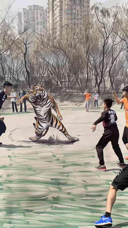 在垫图的基础上，左侧人物后面，画一头老虎，朝向右侧一群人怒吼  - style1部分
