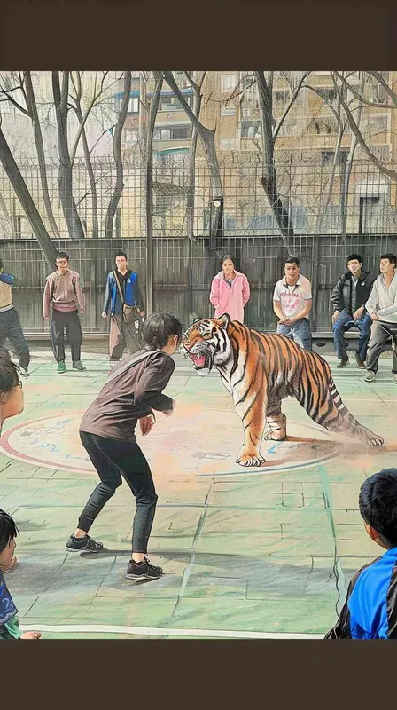 在垫图的基础上，左侧人物后面，画一头老虎，朝向右侧一群人怒吼  - style2部分