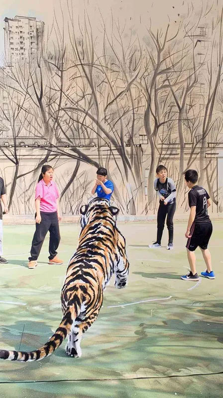 在垫图的基础上，左侧人物后面，画一头老虎，朝向右侧一群人怒吼  - style3部分
