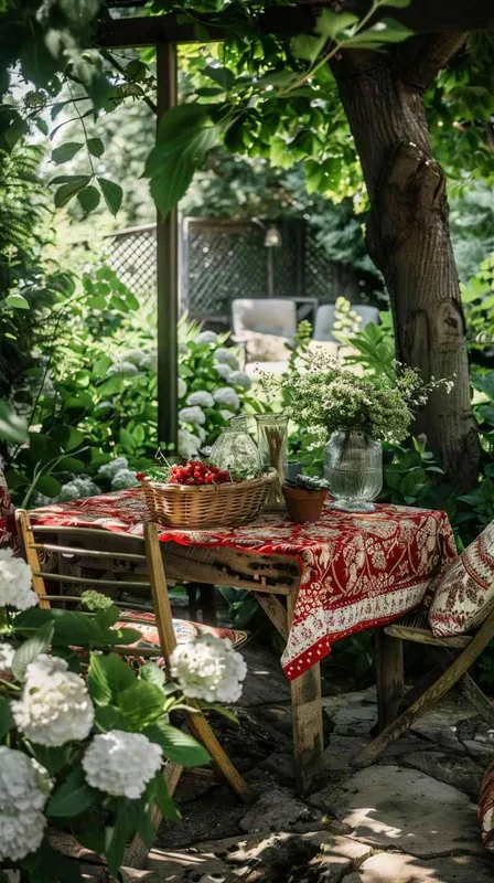 <https://s.mj.run/hJHjzzbE4AM> –v 6.0 An outdoor scene featuring a classic wooden dining table set in the heart of a backyard garden on a well-kept lawn, draped with the original tablecloth displaying a vibrant red background and white floral pattern unchanged, encircled by lush greenery and hydrangea blooms. A selection of freshly picked berries in a rustic basket and a vase with garden flowers adorn the tabletop. Beside, vintage wooden chairs with matching floral cushions catch the gentle caress of dreamlike daylight, creating a serene and picturesque setting –style raw – style1部分” class=”wp-image”/>
</figure>


<figure class=