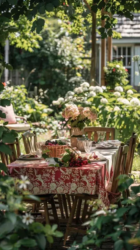 <https://s.mj.run/hJHjzzbE4AM> –v 6.0 An outdoor scene featuring a classic wooden dining table set in the heart of a backyard garden on a well-kept lawn, draped with the original tablecloth displaying a vibrant red background and white floral pattern unchanged, encircled by lush greenery and hydrangea blooms. A selection of freshly picked berries in a rustic basket and a vase with garden flowers adorn the tabletop. Beside, vintage wooden chairs with matching floral cushions catch the gentle caress of dreamlike daylight, creating a serene and picturesque setting –style raw – style2部分” class=”wp-image”/>
</figure>


<figure class=