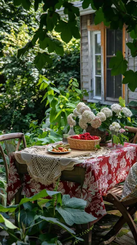<https://s.mj.run/hJHjzzbE4AM> –v 6.0 An outdoor scene featuring a classic wooden dining table set in the heart of a backyard garden on a well-kept lawn, draped with the original tablecloth displaying a vibrant red background and white floral pattern unchanged, encircled by lush greenery and hydrangea blooms. A selection of freshly picked berries in a rustic basket and a vase with garden flowers adorn the tabletop. Beside, vintage wooden chairs with matching floral cushions catch the gentle caress of dreamlike daylight, creating a serene and picturesque setting –style raw – style3部分” class=”wp-image”/>
</figure>


<figure class=