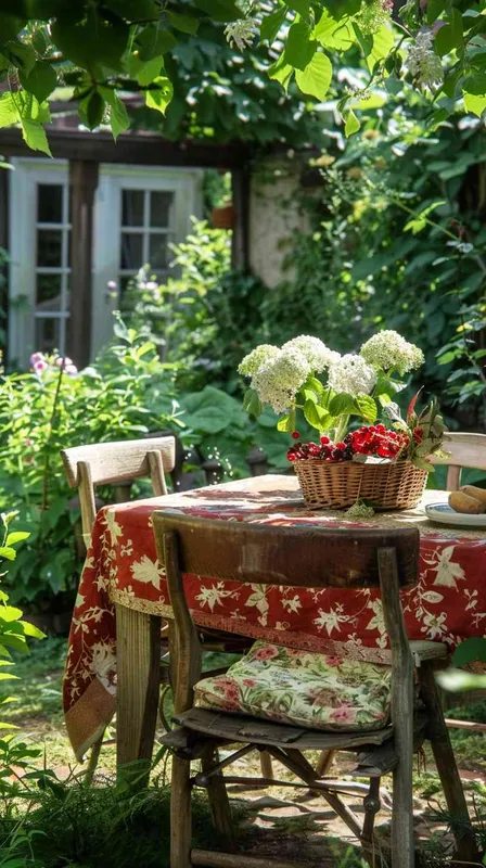 <https://s.mj.run/hJHjzzbE4AM> –v 6.0 An outdoor scene featuring a classic wooden dining table set in the heart of a backyard garden on a well-kept lawn, draped with the original tablecloth displaying a vibrant red background and white floral pattern unchanged, encircled by lush greenery and hydrangea blooms. A selection of freshly picked berries in a rustic basket and a vase with garden flowers adorn the tabletop. Beside, vintage wooden chairs with matching floral cushions catch the gentle caress of dreamlike daylight, creating a serene and picturesque setting –style raw – style4部分” class=”wp-image”/>
</figure>

</figure>
</p>


<h2 class=