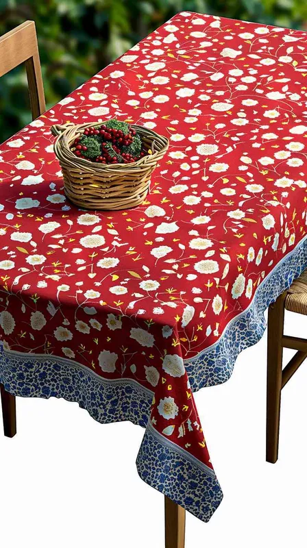 --v 6.0 Emphasize the intricate pattern of the existing tablecloth, a vivid red with a crisp white floral design, as it lays on an outdoor wooden dining table. Surrounded by the natural beauty of a lush garden with green foliage and hydrangea accents, the scene is adorned with a basket of berries and fresh flowers, under the soft ambient light of a perfect afternoon. Wooden chairs with cushions that echo the tablecloth's pattern complete the charming garden tableau --style raw - style1部分