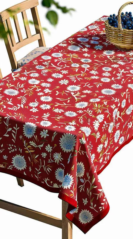--v 6.0 Emphasize the intricate pattern of the existing tablecloth, a vivid red with a crisp white floral design, as it lays on an outdoor wooden dining table. Surrounded by the natural beauty of a lush garden with green foliage and hydrangea accents, the scene is adorned with a basket of berries and fresh flowers, under the soft ambient light of a perfect afternoon. Wooden chairs with cushions that echo the tablecloth's pattern complete the charming garden tableau --style raw - style2部分