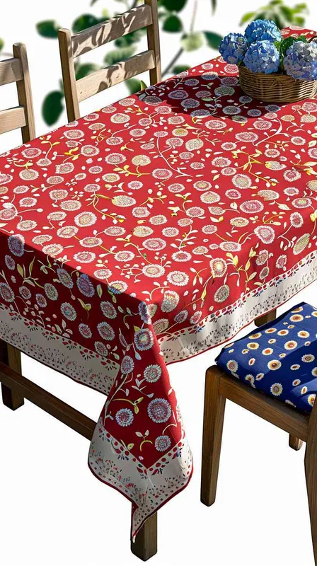 --v 6.0 Emphasize the intricate pattern of the existing tablecloth, a vivid red with a crisp white floral design, as it lays on an outdoor wooden dining table. Surrounded by the natural beauty of a lush garden with green foliage and hydrangea accents, the scene is adorned with a basket of berries and fresh flowers, under the soft ambient light of a perfect afternoon. Wooden chairs with cushions that echo the tablecloth's pattern complete the charming garden tableau --style raw - style3部分